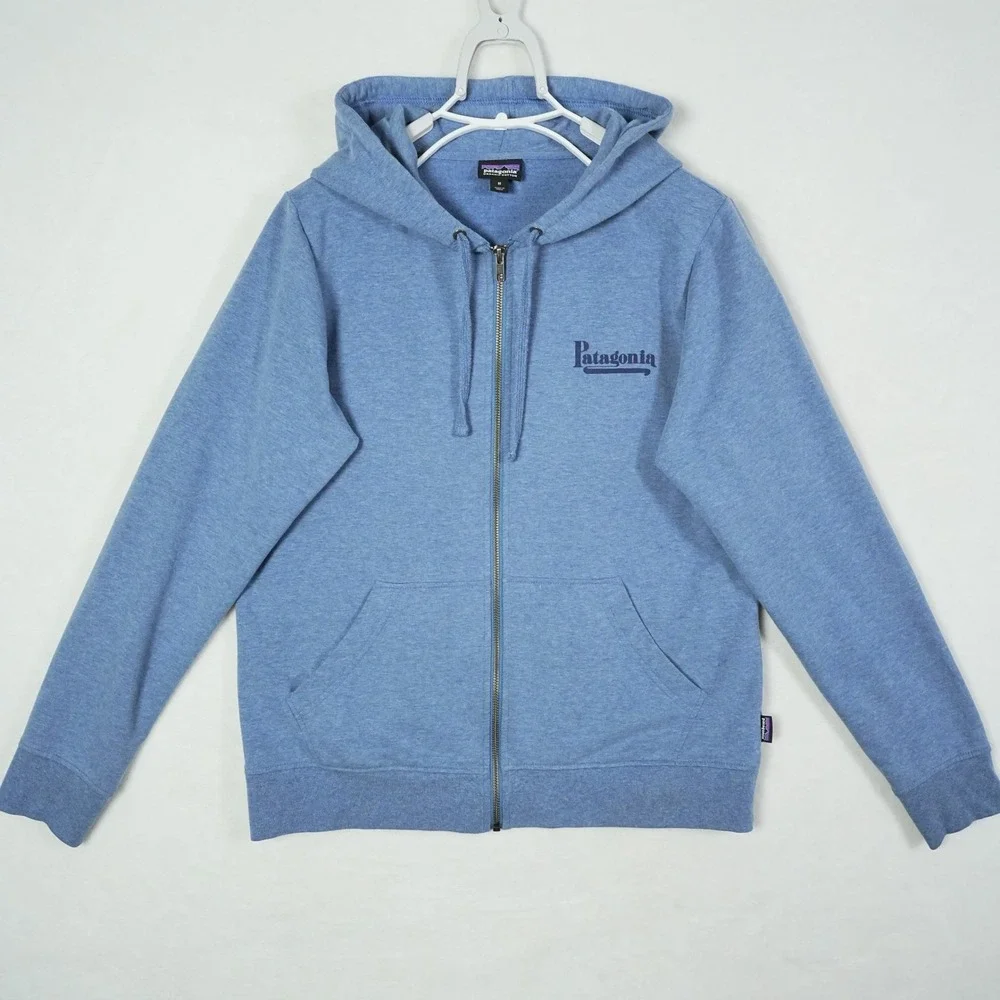 Patagonia Mens Full Zip Hoodie Blue Organic Cotton Logo Sweatshirt Medium - Picture 2 of 10